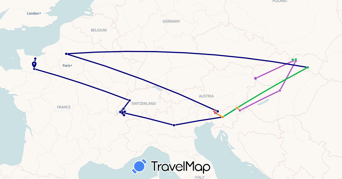 TravelMap itinerary: driving, bus, plane, train, hiking, hitchhiking in Switzerland, France, Italy, Slovenia, Slovakia (Europe)